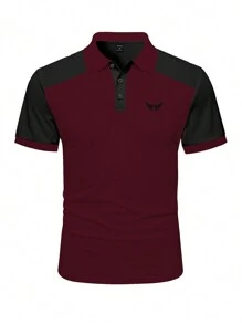 Manfinity Homme 男士拼色短袖 Polo 衫，男士服装，男士 Polo 衫，男士高尔夫球衫，男士酒红色上衣 - 酒紅色 - 查看 3