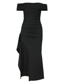 INAWLY 女士纯色露肩高开叉连衣裙，女士性感水钻，褶饰，开叉大腿短袖露肩修身长款黑色蝙蝠袖心形，纯色紧身女式长裙，春季/秋季，派对/夜总会服装 - 黑色 - 查看 4