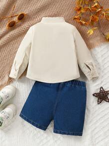 Conjunto De Verano De Bebé Recién Nacido De Niños Con Estilo, Camiseta Blanca Bordada Con Dinosaurio Y Ribetes De Colores Contrastantes Y Shorts De Mezclilla - Beis - Ver 2