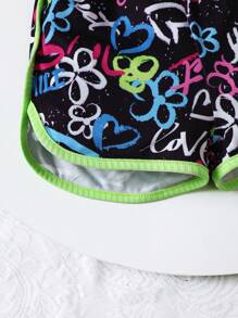 Summer Baby Girl Knitted Solid Color Pleated Sleeveless Top And Graffiti Printed Knitted Shorts Set