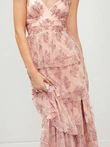 Enchnt Women's Floral Lace High Slit Spaghetti Strap Dress