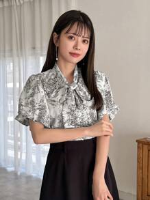 FRIFUL Women's Plant Printed Tie Front Short Sleeve Shirt