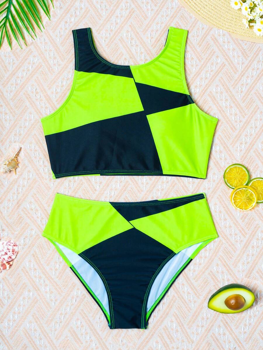 Teen Girl Cute Two-Tone Neon Bikini Set, Bathing Suit Beach Outfit Summer Vacation - Multicolor - View 1