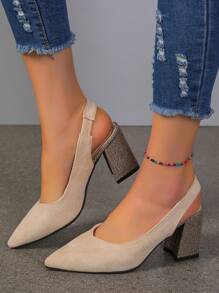 Zapatos sin respaldo de punta afilada con tacón grueso y tacón alto de bloqueo de color para mujer, para primavera/verano/otoño - Beis - Ver 1