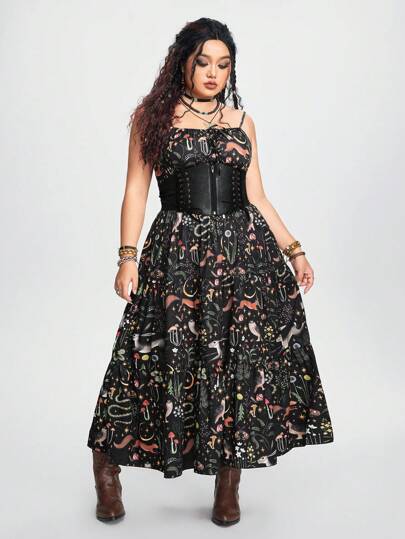 ROMWE Plus Size Gothic Style Printed Slim Fit A-Line Dress With Plants And Bunny Pattern For Spring/Summer