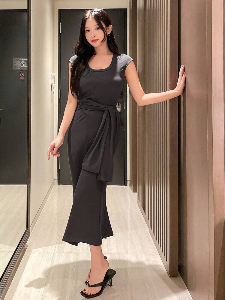 Ladies' Plain Color Belted Dress Sundress Maxi Dress