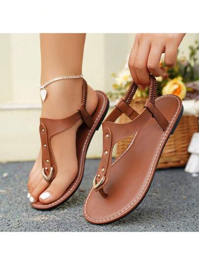 Women's Rivet Decor Elastic Strap Round Toe Flat Sandals, Hollow Out Open Toe Comfortable Non-Slip Flat Outdoor Sandals