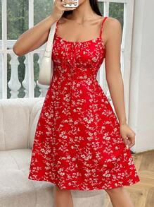 Lunelith SHEIN Lunessa Floral Print Spaghetti Strap Knotted Bust With Waisted A-Line Dress For Summer For New Year Clothes, Christmas
