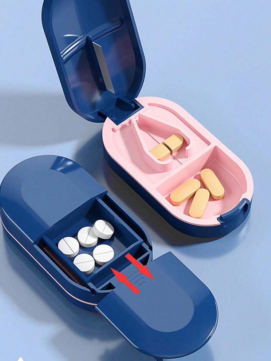 1 件便携式药丸切割器盒，带分配器和存储，轻松切割和整理药物，旅行用药丸盒，带分配器的药丸整理器，小盒旅行账单整理器，维生素盒药丸盒药丸盒药丸整理器药丸容器大学度假游轮暑假必需品医疗包药品整理器旅行配件旅行整理器旅行必需品旅行用品旅行包大学度假游轮暑假必需品急救箱 - 藏蓝色 - 查看 1