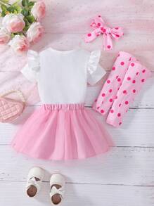 女婴猫咪印花连体衣、薄纱裙和一双袜子套装，春夏款 - 粉色 - 查看 2