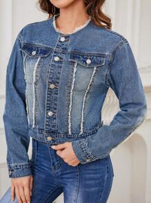 SHEIN LUNE Raw Hem Cropped Denim Jacket - Light Wash - View 6