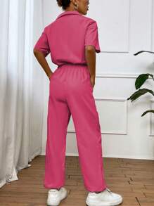 SHEIN Unity Solid Color Jumpsuit With Pockets And Front Button Placket, Workwear Style - Red - View 2