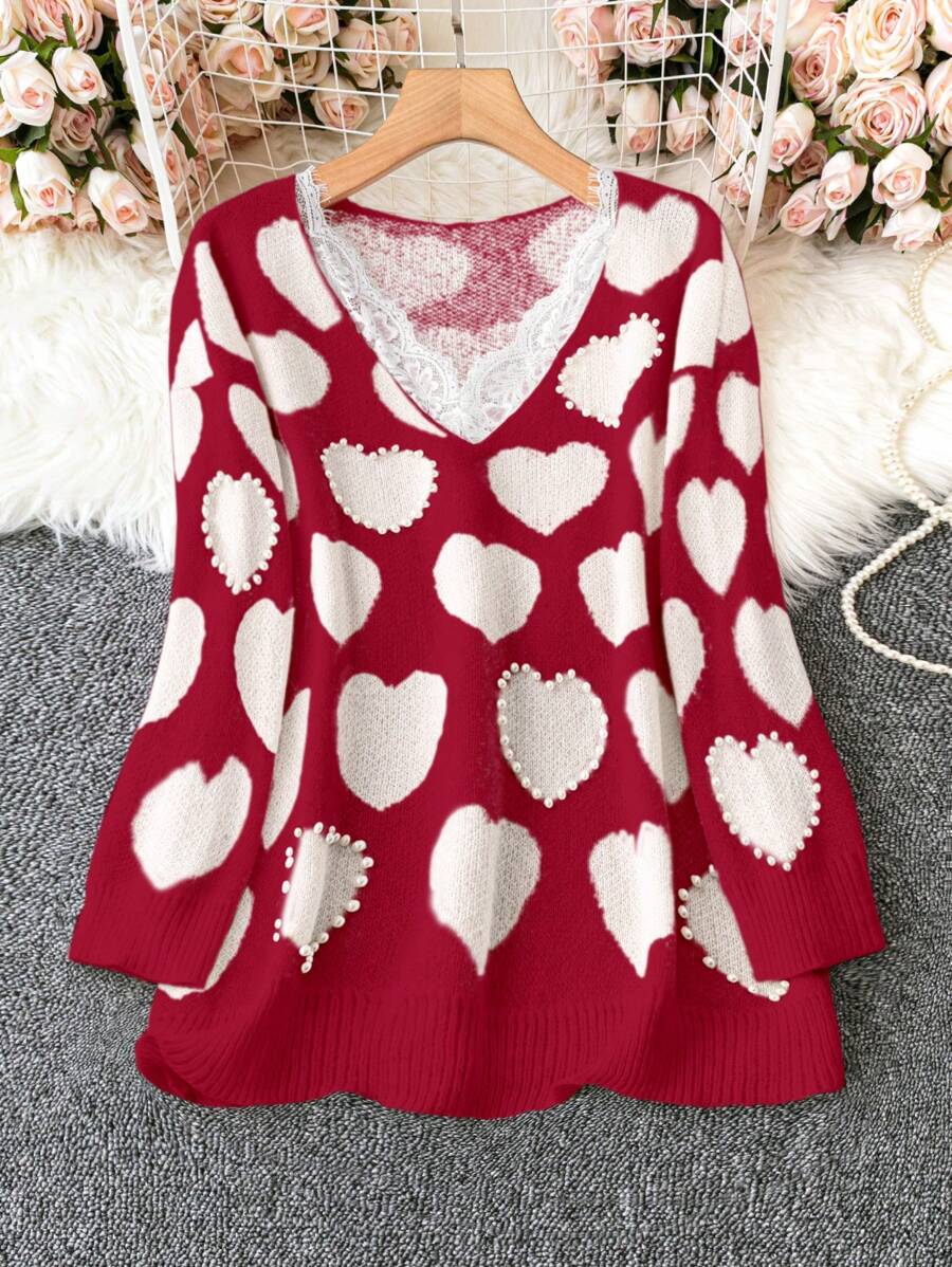SHEIN LUNE Plus Size Contrast Lace Heart Pattern Sweater, Knit Pullover Fall Winter - Multicolor - View 1