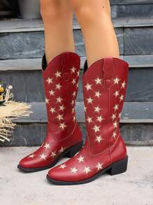 ROMWE Grunge Punk Zabytkowy Gwiazdy Haft Westernowy styl Buty za kostkę Z Gruby Obcasy I Szeroki Wycięcie z kształcie litery V Dla kobiet Rozmiar Plus , Punk I Styl retro - Czerwony - Zobacz 1
