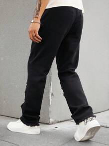 Manfinity Roghcode Men Cotton Letter Graphic Ripped Raw Cut Straight Leg Jeans - Black - View 2