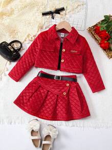 SHEIN 女小童素色吊帶上衣&褶皺腰帶半身裙&夾克適用於聖誕 - 彩色 - 查看 8