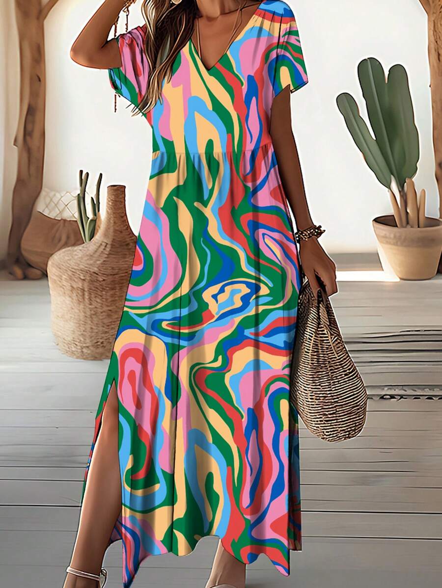 EMERY ROSE Women's Full Printed Long Dress With High Slit Maxi Women Outfit - Multicolor - View 1