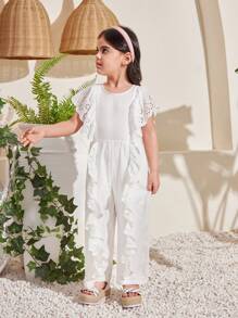 SHEIN Young Girl Lovely Light Palace Style Round Neck Ruffle Trim Jumpsuit - White - View 5