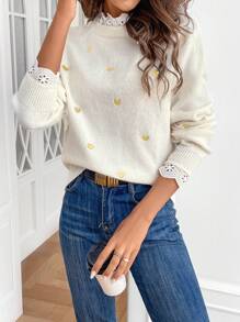 SHEIN Frenchy Women's Heart Embroidery Lace Patchwork Raglan Sleeve Lace Trim Collar Detail Sweater In Fall/Winter Thanks Giving Casual - Yellow - View 6