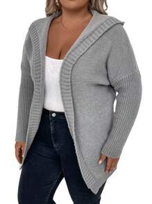 SHEIN LUNE Plus Size Solid Color Hooded Batwing Cardigan Fall Cloth For Women - Grey - View 4
