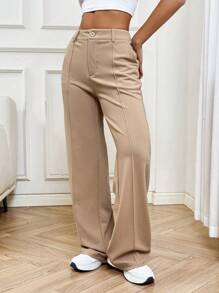 SHEIN EZwear Women's Straight Leg Suit Trousers With Exposed Seams In Fall/Winter - Khaki - View 6