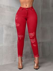 SHEIN ICON Solid Color Skinny Fit Distressed Raw Hem Jeans - Red - View 2