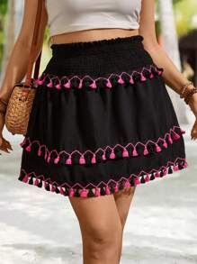 Breezaya Plus Größe Hohe Taille Asymmetrische Farbblock Quaste Rock