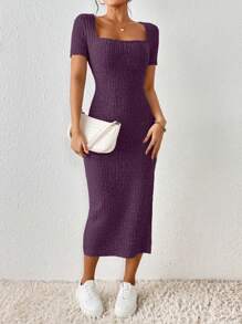 SHEIN Frenchy Vestido de verano de mujer con cuello cuadrado, ajuste delgado, abertura alta en el cuello cuadrado y tejido texturizado - Morado - Ver 3
