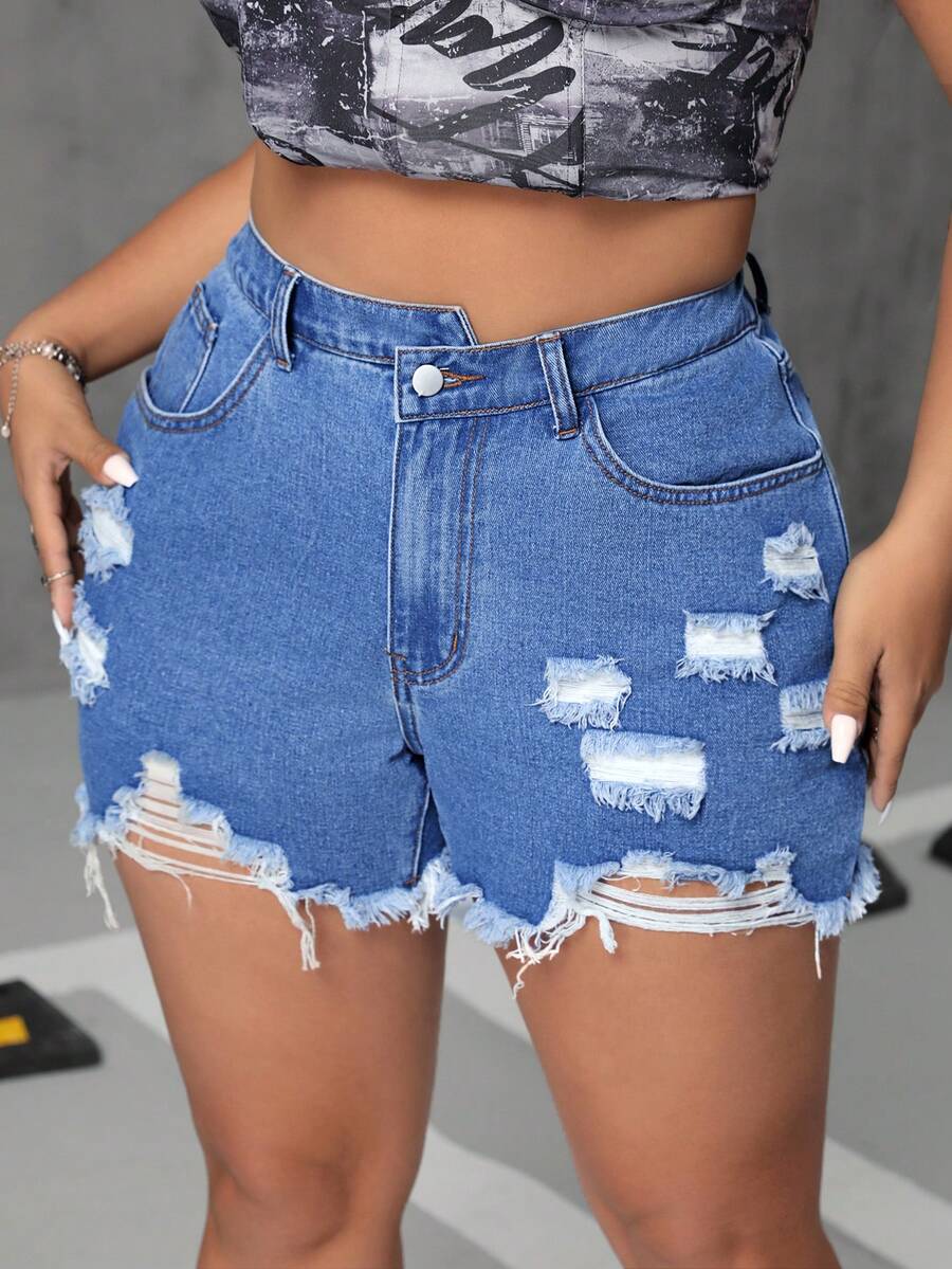 SHEIN ICON Plus Size Ripped Raw Edge Denim Shorts With Asymmetrical