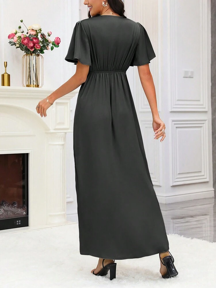 Women's Solid Color V-Neck Short Sleeve Split Hem Dress