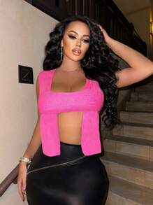 Zolique Màu thuần Bất đối xứng Quần skinny Knit ngọn - Màu Hồng Tươi - Xem 3