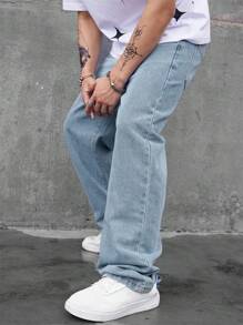 Manfinity EMRG Men Slant Pocket Loose Fit Jeans, Plain Long Washed Straight Leg Light Blue Cargo Jeans Light Jeans, For Husband, Boyfriend Gifts - Light Wash - View 4