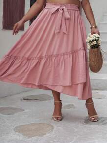 Fusta largi de marime uni, cu volane si chenar decorativ - Roz - Vizualizare 1