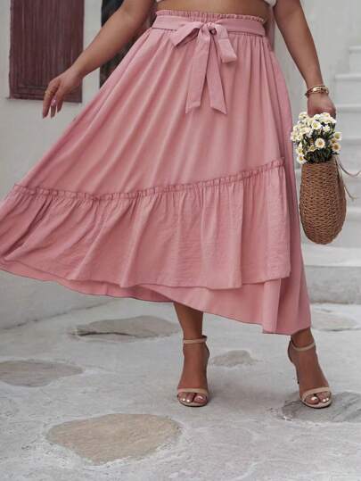 Gonna Taglie Forti Di Colore Solido Con Balze E Bordo Decorativo