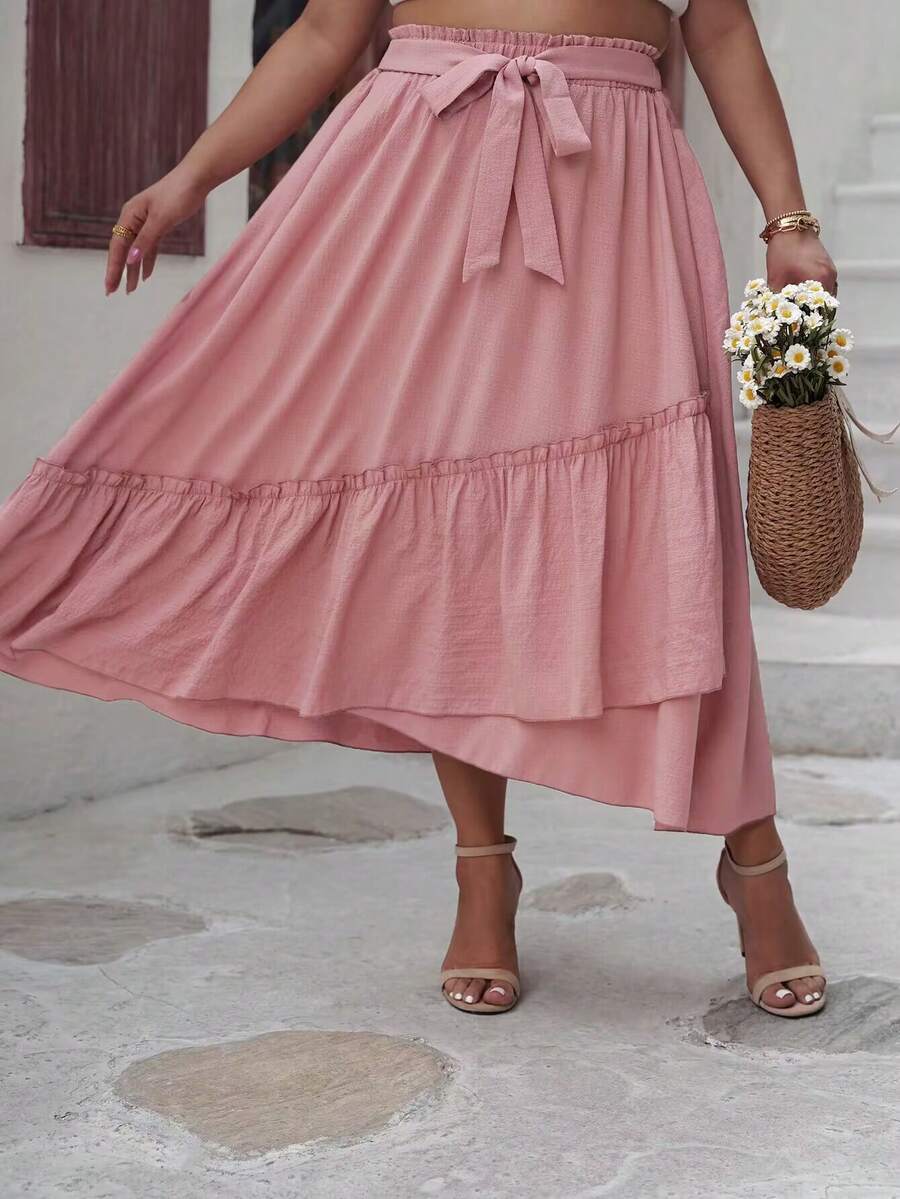 Fusta largi de marime uni, cu volane si chenar decorativ - Roz - Vizualizare 1