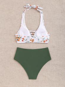 SHEIN Swim Bộ Bikini Cổ Ruffle Hem Halter Họa Tiết Hoa Ditsy dành cho Nữ Đi Biển Mùa Hè - xanh quân đội - Xem 2