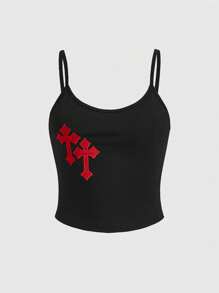 ROMWE Grunge Punk 交叉刺繡吊帶上衣 - 黑色 - 查看 1