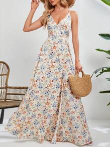 SHEIN Tall 女士花卉印花細肩帶洋裝 - 白色 - 查看 1