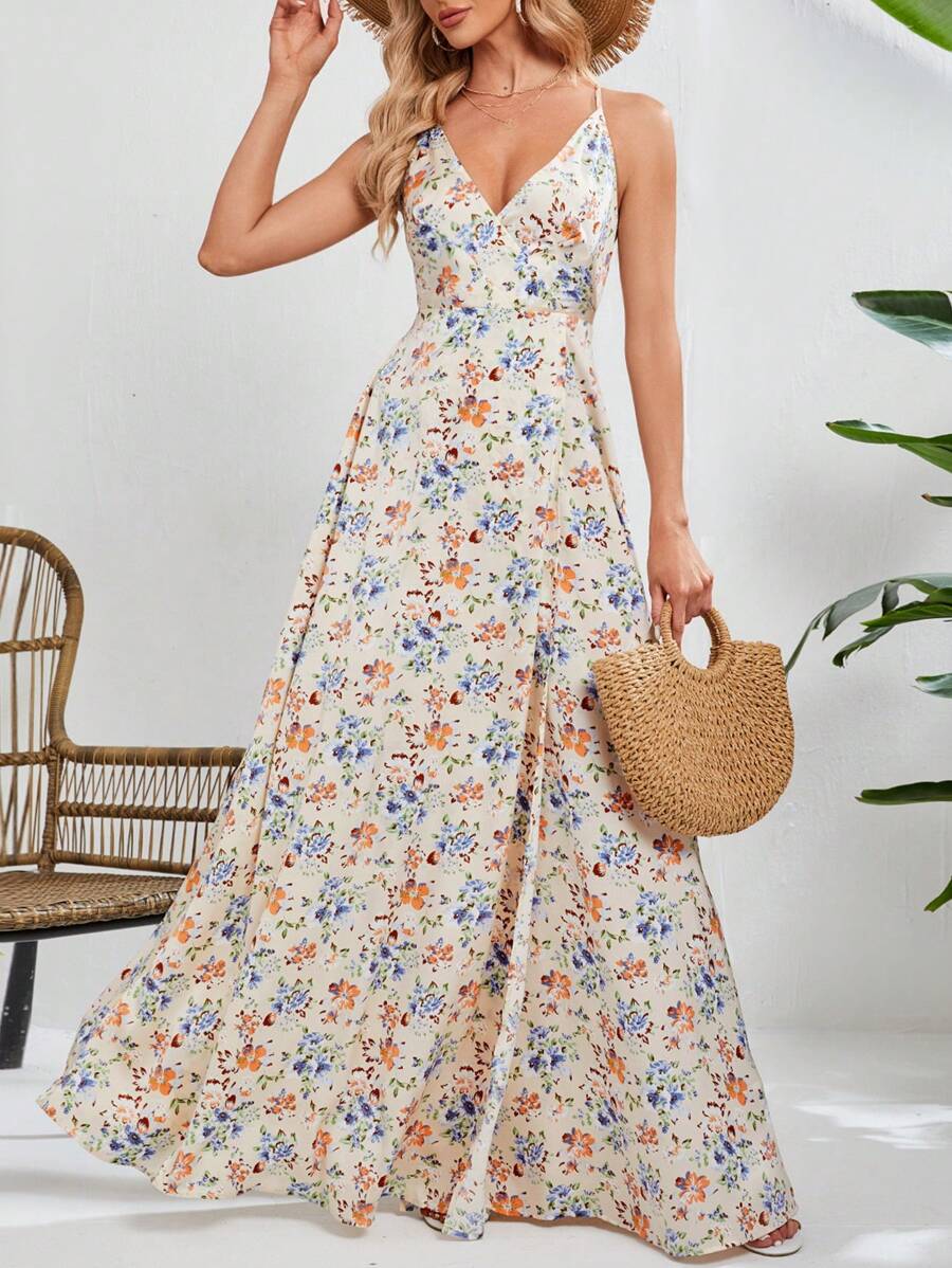 SHEIN Tall 女士花卉印花細肩帶洋裝 - 白色 - 查看 1