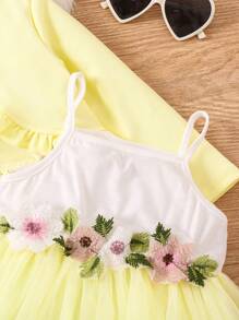 SHEIN Vestido con tirantes de espagueti y chaqueta con volantes con bordado de flores de malla de contraste para niña joven - Amarillo - Ver 3
