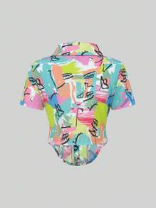 SHEIN Unity Asymmetric Hem Short Sleeve Shirt With Random Pattern,Short Sleeve Tops - Multicolor - View 2