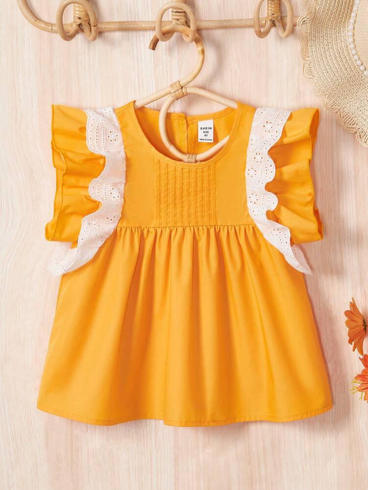 Young Girls' Summer Patchwork Hollow Out Embroidery Decorated Ruffle Hem Top