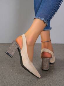 Zapatos sin respaldo de punta afilada con tacón grueso y tacón alto de bloqueo de color para mujer, para primavera/verano/otoño - Beis - Ver 2