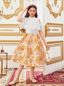 SHEIN Conjunto De Blusa Con Volantes Sin Hombros A Juego Y Falda De Jacquard Floral Para Niñas Adolescentes