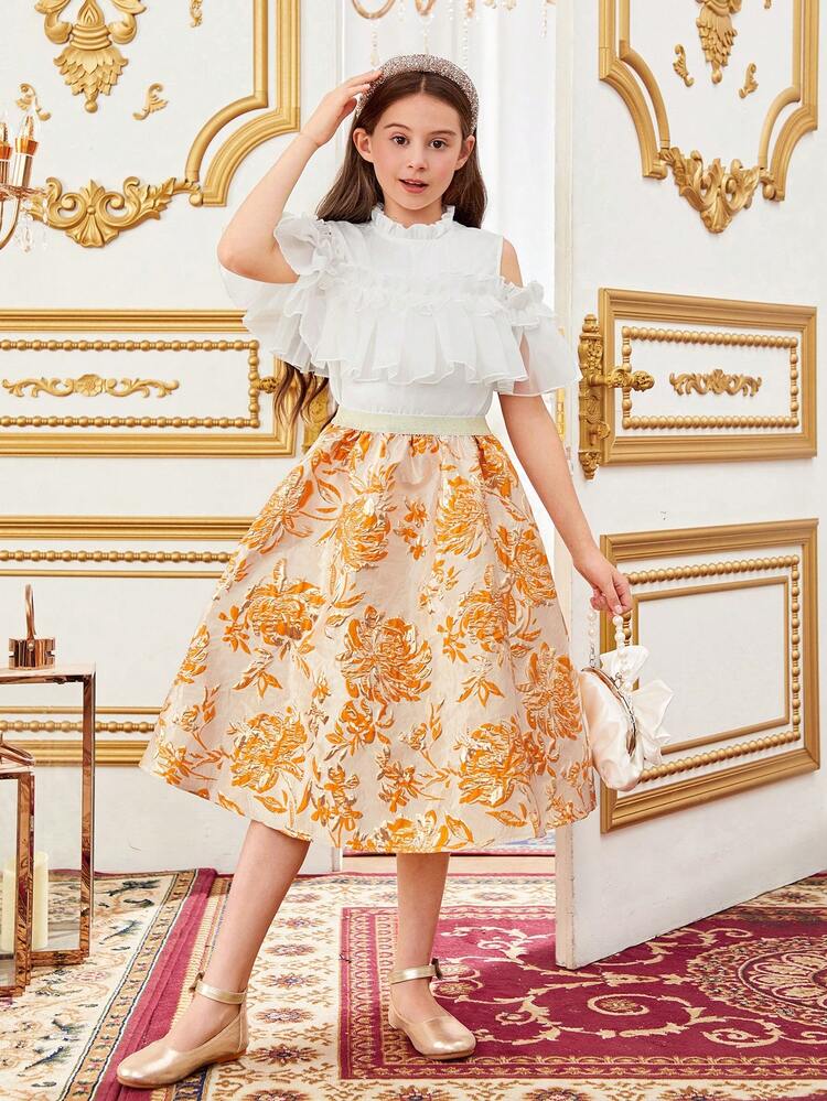 Tween Girls' Matching Off-Shoulder Ruffle Blouse And Flower Jacquard Skirt Set