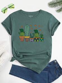 INAWLY Cactus Print Short Sleeve T-Shirt - Dark Green - View 1
