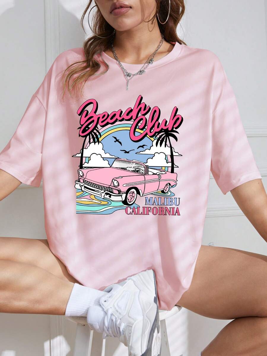 INAWLY Car And Letter Graphic Drop Shoulder Tee Graphic Tees Women Tops - Pink - View 1