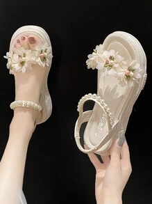 女性花卉設計連衣裙涼鞋，夏季新款，多功能厚底法式楔型和平底羅馬涼鞋 - 米色 - 查看 1