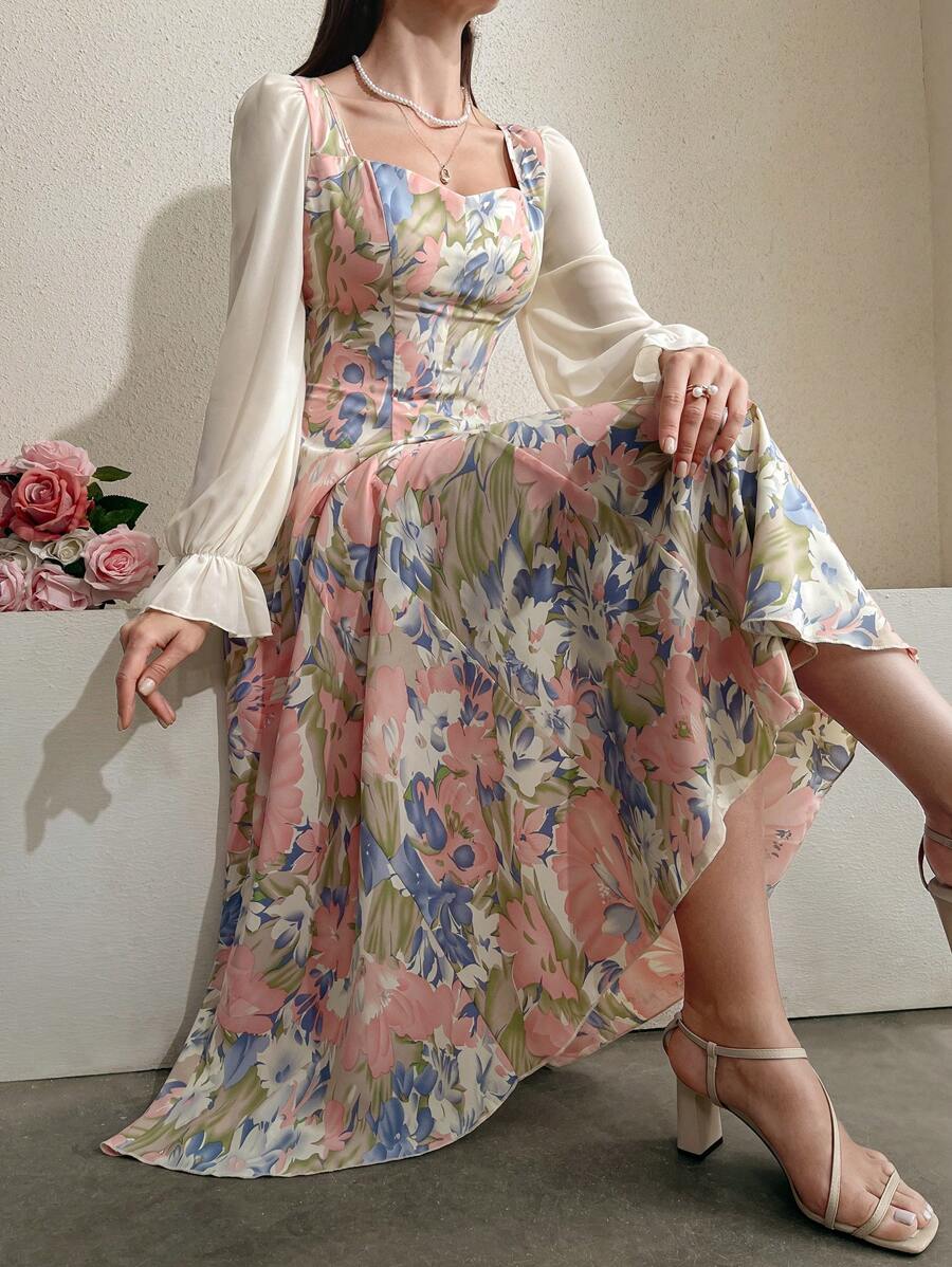 Modelyn 花卉印花拼布连衣裙，心形领口和收腰超长女士装长款晚礼服 - 粉色 - 查看 1