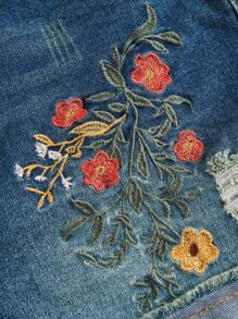 ROMWE Fairycore 女士时尚刺绣流苏牛仔短裤，带花朵图案，学校 - 藍色 - 查看 3